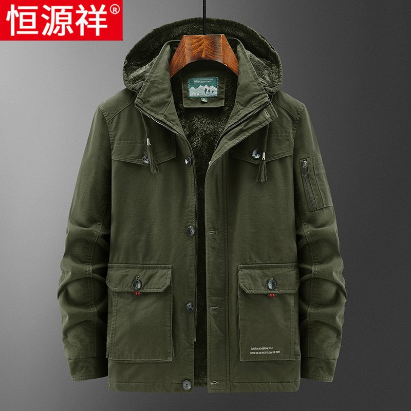 恒源祥棉衣男冬季棉袄加绒加厚冲锋衣外套男纯棉工装连帽男士冬装高清大图