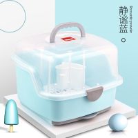 奶瓶收纳箱晾干架大号抗菌便携式婴儿餐具宝宝用品收纳盒带盖防尘 996蓝色 8个支架