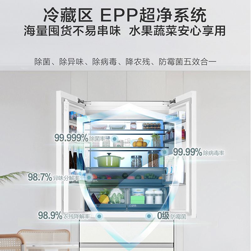 海尔518L法式四门冰箱零距离自由嵌入式全空间保鲜深冷速冻阻氧干湿分储一级能效风冷无霜变频家用大容量电冰箱高清大图