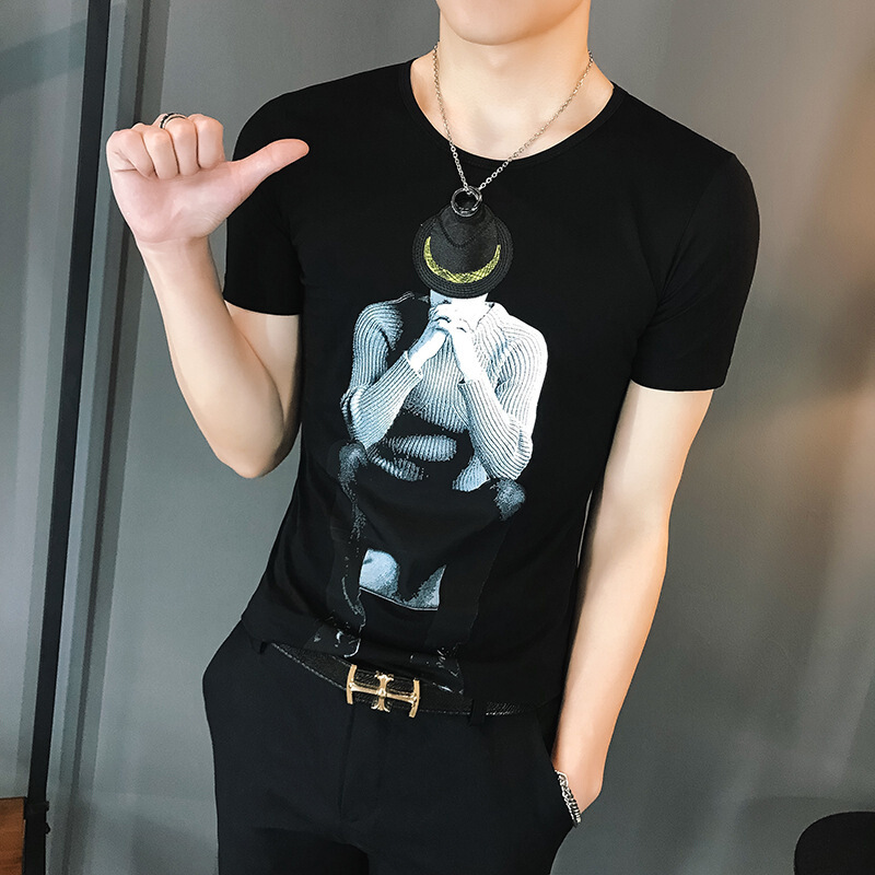 白色短袖男士T恤圆领夏季新款韩版修身半袖印花社会小伙衣服潮流