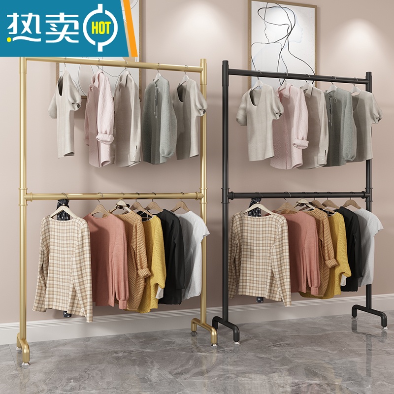 敬平晾衣架落地双层升降杆出租屋两层挂架家用床边阳台晾晒衣帽架子 加粗金色双层 长100高160晾衣杆高清大图