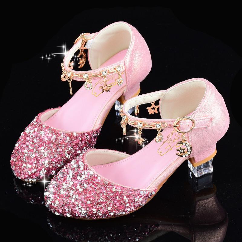 可莉允女童高跟鞋公主钢琴礼服皮鞋儿童舞台表演鞋中大童模特走秀水晶鞋运动休闲鞋图片