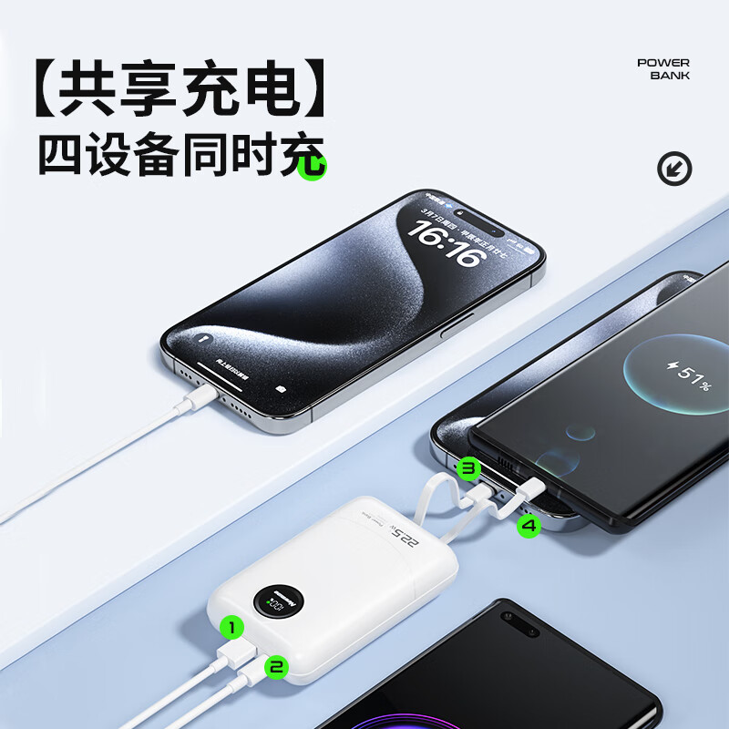 纽曼移动电源2万毫安自带线22.5W快充AL555