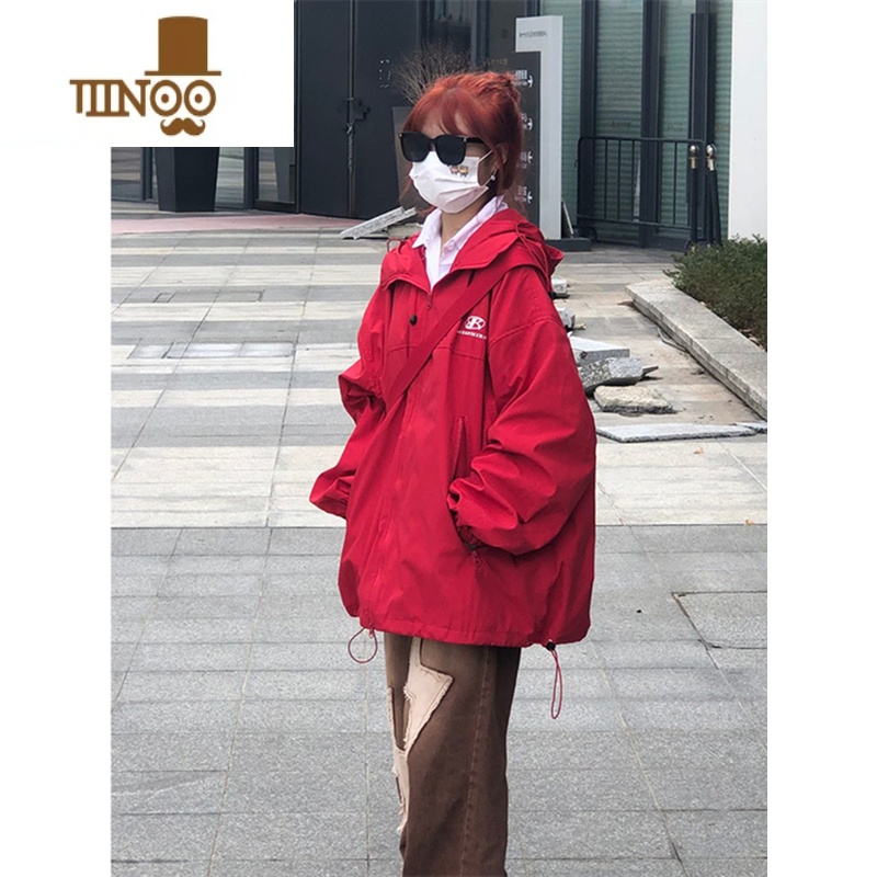 YANXU美式街头红色防水冲锋衣男女开衫运动拉链潮牌夹克刺绣防风衣外套高清大图