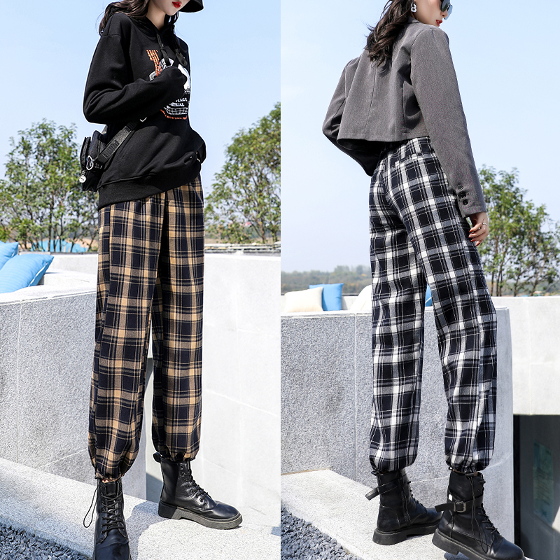 艳如飞百搭哈伦裤女春秋流行格子裤高腰宽松时尚萝卜裤显瘦休闲束脚裤