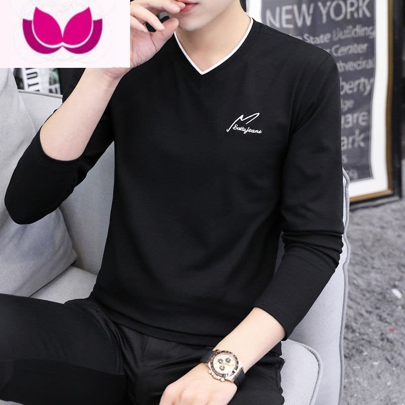 七斓男士秋装上衣2023秋v领t恤长袖修身男装内搭秋季打底衫潮流体恤丅图片