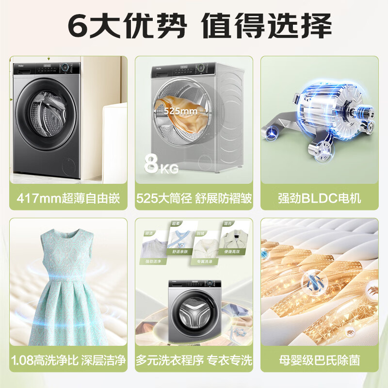 [24年新品]海尔(Haier)超薄平嵌滚筒洗衣机全自动8公斤大容量洗衣机一级能效大筒径家用除菌除螨 MATE33S