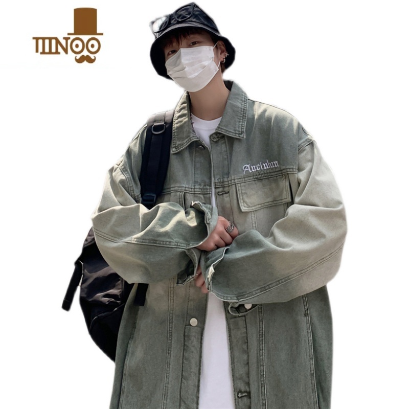 YANXU水洗牛仔外套男款秋季美式高街痞帅宽松百搭渐变做旧翻领夹克上搭高清大图