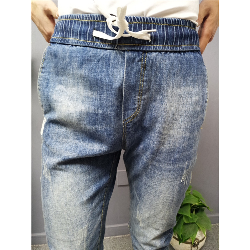 夏季男士小脚牛仔九分裤精神潮流青少年大破洞牛仔裤快手红人同款蓝色