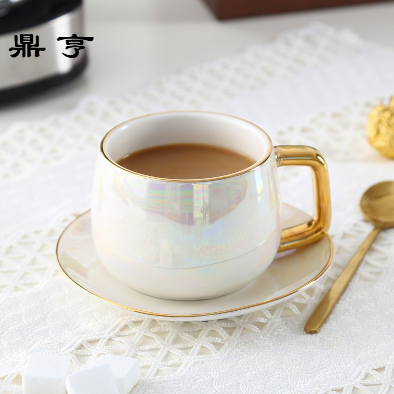 鼎亨家用陶瓷咖啡杯套装带勺白色珍珠咖啡杯碟北欧式优雅红茶杯礼