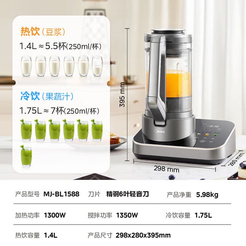 美的(Midea)低音安睡破壁机家用豆浆机榨汁大容量口感可调多重降噪变频轻音触控彩屏MJ-BL1588[补贴]图片