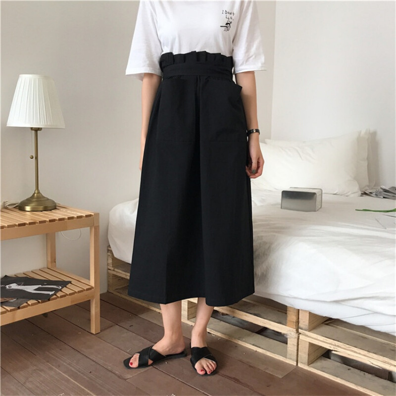 韩范简约休闲百搭宽松高腰系带花苞半身裙女学生中长裙夏季咖色均码