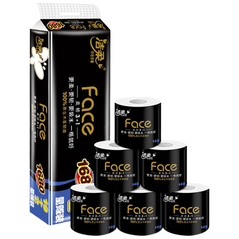 洁柔 4层有芯卷纸 黑Face加厚卫生纸 140g*24卷 BJ168-12高清大图