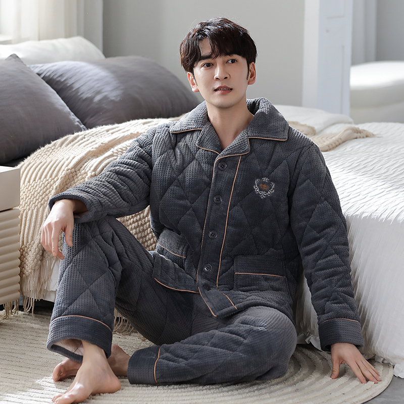 南极人睡衣男款冬季加厚加绒珊瑚绒三层夹棉保暖家居服套装可外穿