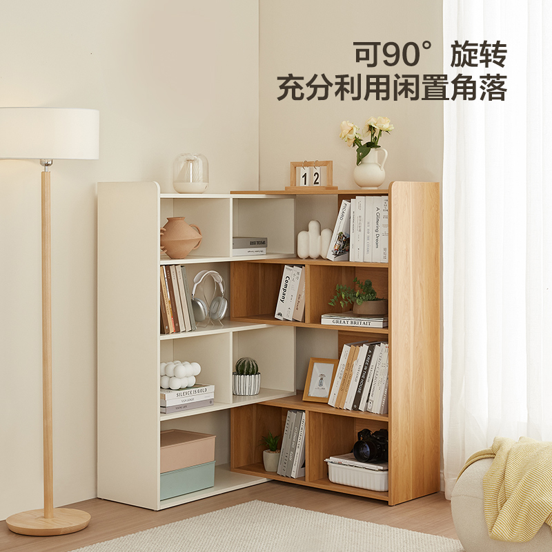 全友家居北欧原木风伸缩旋转置物架客厅书房收纳架储物柜高清大图