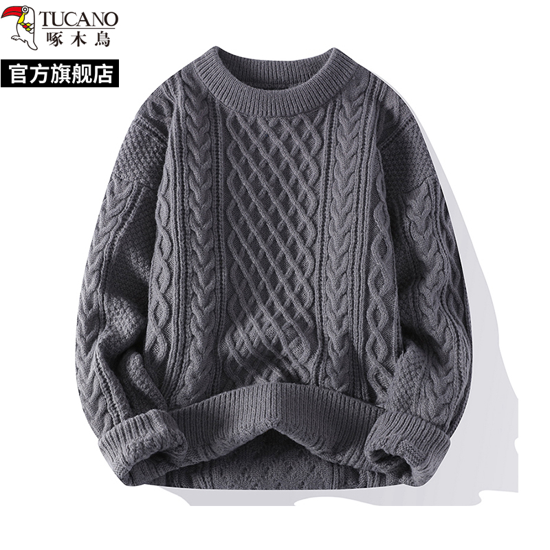 啄木鸟春秋新款圆领麻花毛衣男士冬季加绒针织打底衫内搭线上士春高清大图