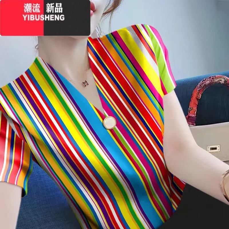 YIBUSHENG冰丝短袖t恤女士季新款洋气v领打底衫时尚条纹中年妈妈修身上衣