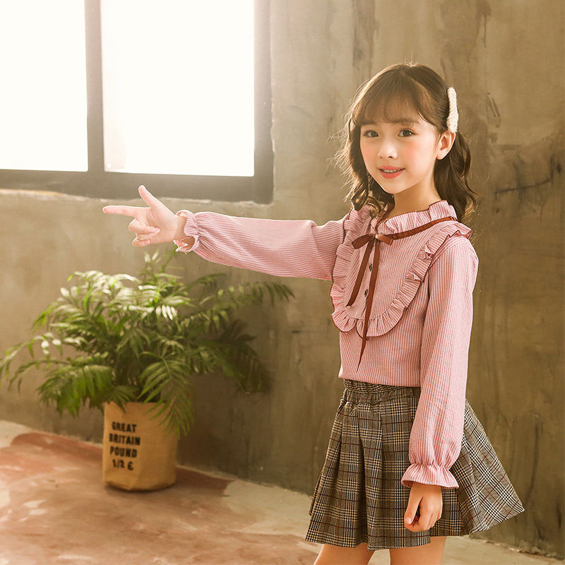 迪鲁奥（DILUAO)女童秋装套装2021新款时髦韩版中大童儿童时尚洋气衬衫两件套潮衣