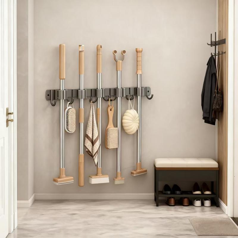 馨沛304不锈钢拖把挂钩[枪灰色/6钩5夹]扫把夹免打所拖把夹置物架高清大图