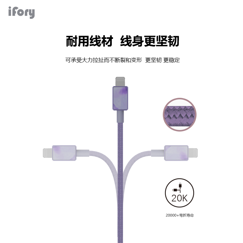 ifory安福瑞 MFi认证PD快充i支持苹果12phone11pro/x手机18W快充数据线 多色可选 星云紫0.9米
