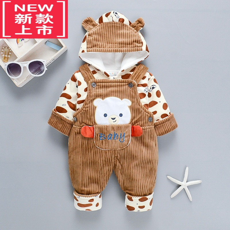 可莉允宝宝秋冬套装加厚0-1-2周岁婴儿秋冬外出服灯芯绒背带裤两件套棉服