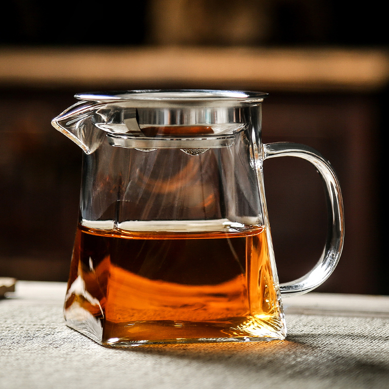 金镶玉 茶具配件 公道杯高硼硅玻璃杯带不锈钢茶漏 茶海虑茶器 四方雅致350ml