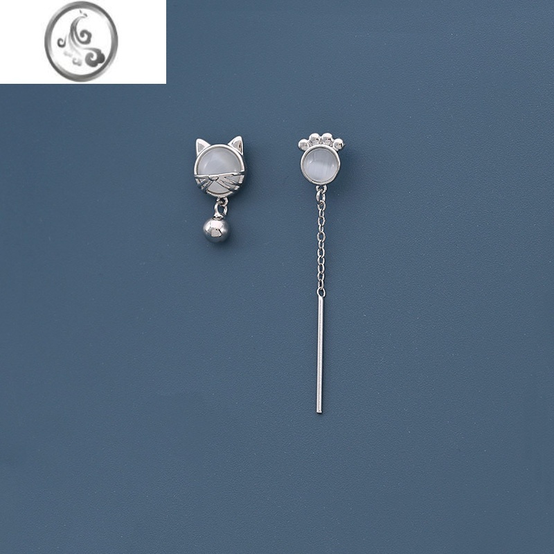 JiMis925银银猫咪耳环女简约小众设计感不对称猫眼石耳钉可爱猫爪耳饰