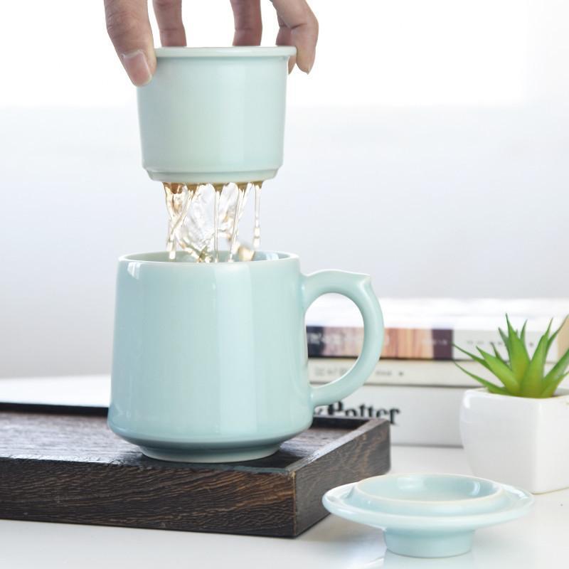 龙泉青瓷茶杯陶瓷带盖带过滤内胆泡茶杯茶水分离同心杯办公杯瓷杯家用喝水杯子新款茶杯水杯杯子喝水杯家用陶瓷杯