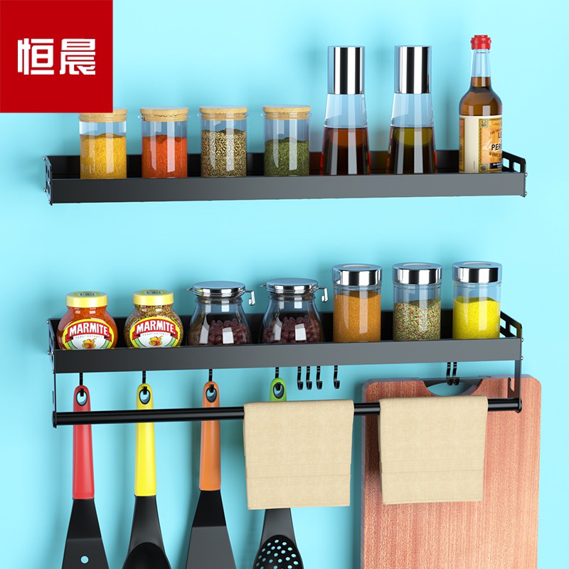 黑色厨房置物架太空铝壁挂免打孔调料架用品家用大全调味品收纳架收纳层架 三维工匠高清大图