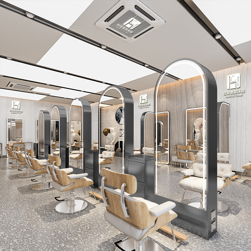 新款网红理发店镜子发廊专用双面落地式闪电客美发店镜台潮款带灯理发