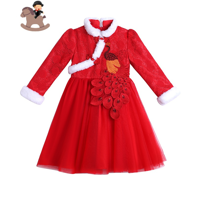 yuebin女童连衣裙秋冬旗袍加绒洋气宝宝公主裙儿童新年衣服冬款唐装