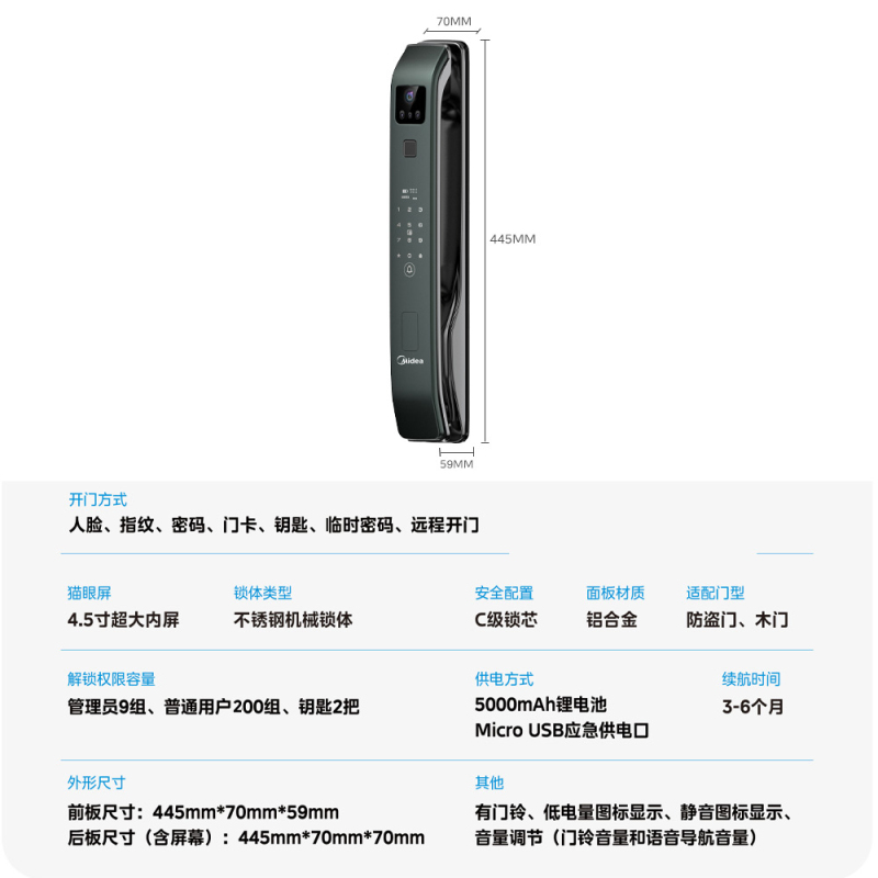 美的(Midea)智能门锁AI人脸4.5寸大屏全无智能联动密码锁指纹锁A2 [人脸识别猫眼款]