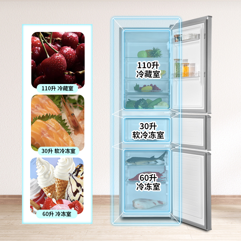 上菱200升三门冰箱 节能低音 高效保鲜 三门三温区 冷藏冷冻多门大容量小型家用电冰箱BMM200LC铂银高清大图