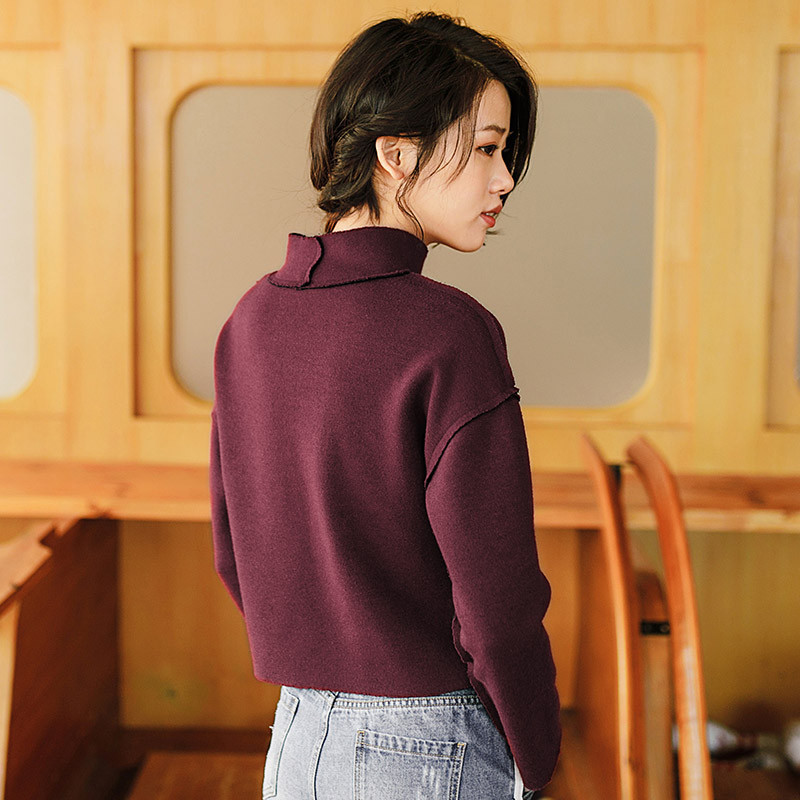 茵曼inman冬装女装半高领宽松短款针织衫女长袖打底衫f1874021604