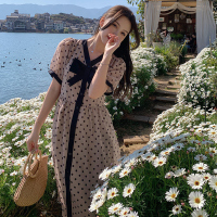 美动态大码女装蕾丝花边领口蝴蝶结裙子胖mm百搭显瘦波点连衣裙