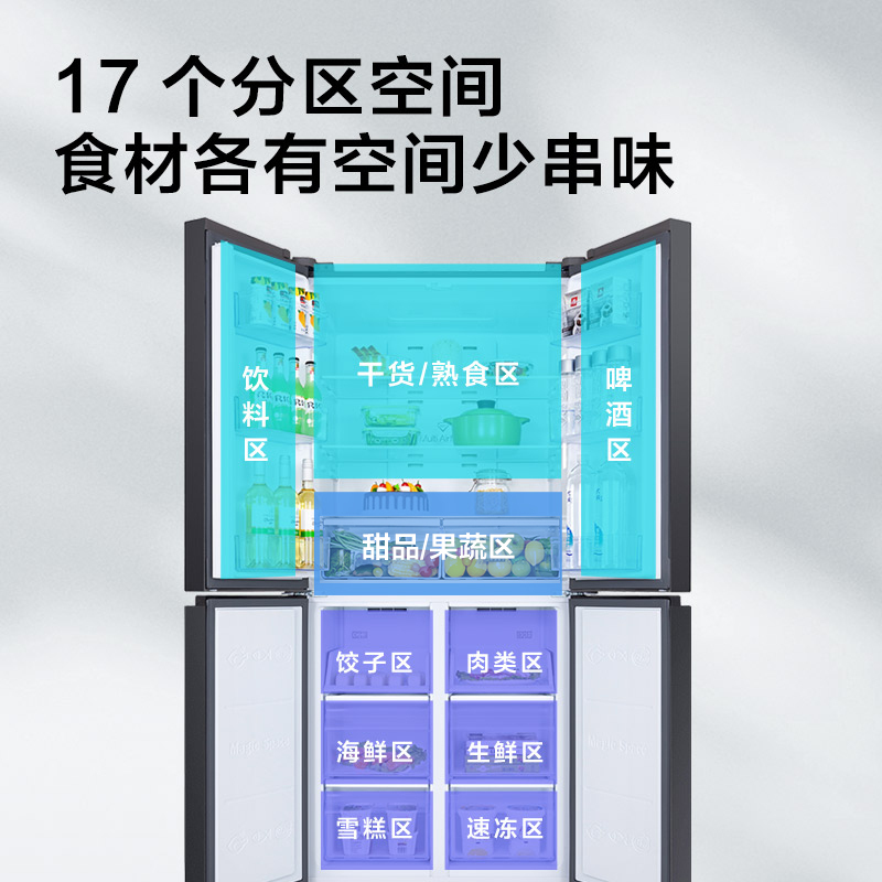 TCL 490升 大容量精细养鲜抗菌 一体双变频 风冷无霜 十字四门对开门冰箱 R490T11-UP陨石灰