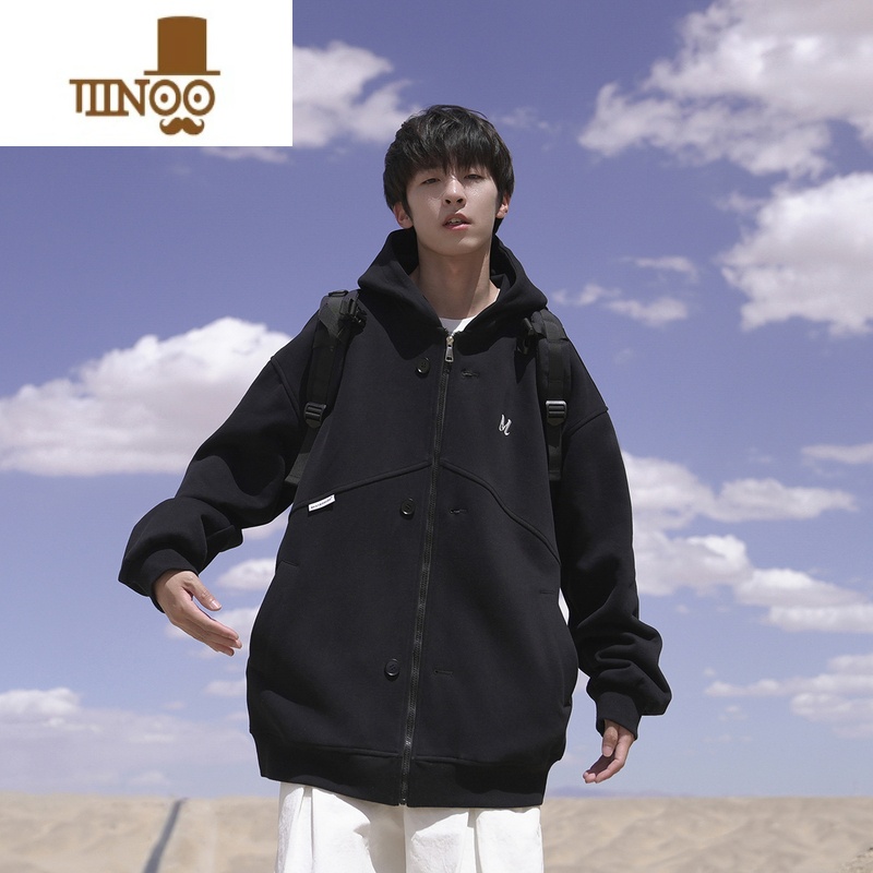 YANXUE2023秋季新款男新款连帽卫衣360g休闲舒适字母刺绣开衫百搭外套高清大图