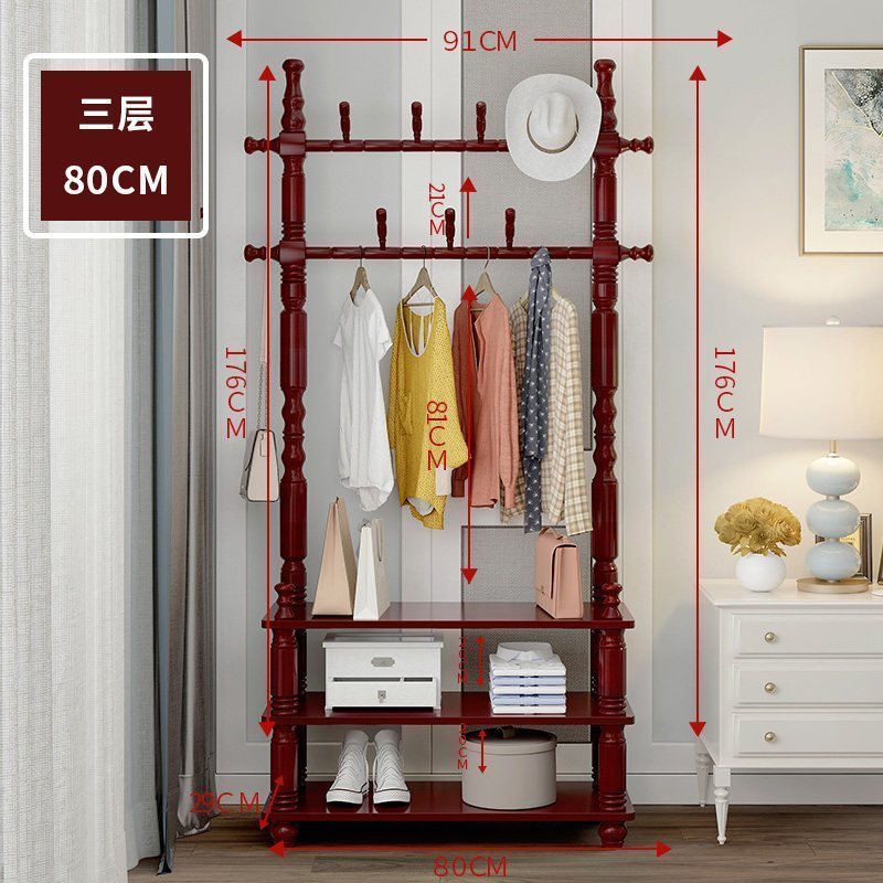 汐岩实木衣帽架落地卧室挂衣架欧式厅置物架客厅衣服架现代简约衣架 酒红色-三层-80cm