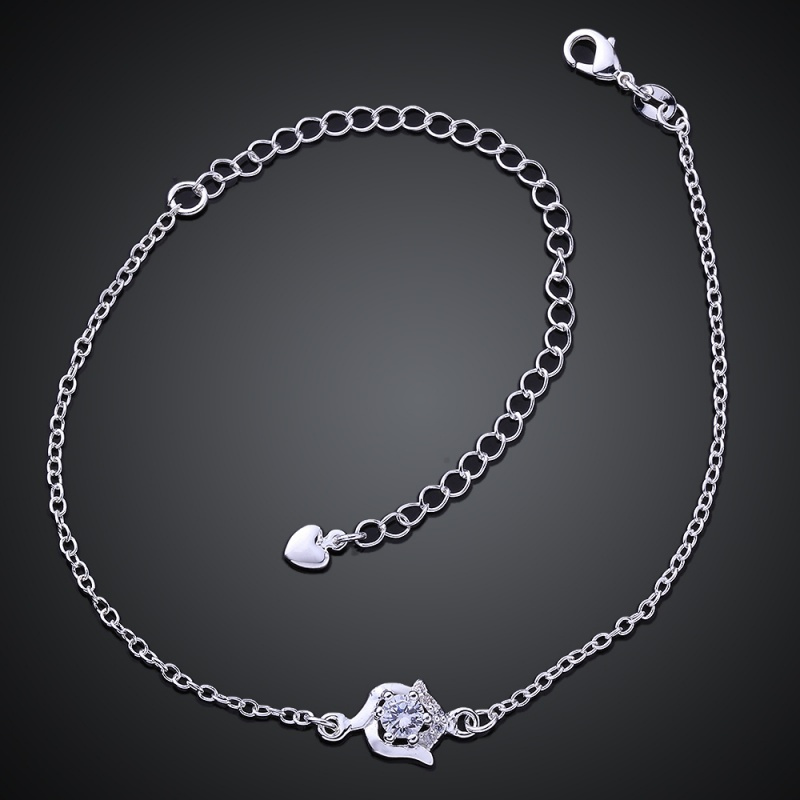 A034 Women Jewelry Silver Anklet 镀银饰品花朵白锆石脚链女潮送女朋友七夕情人节礼物