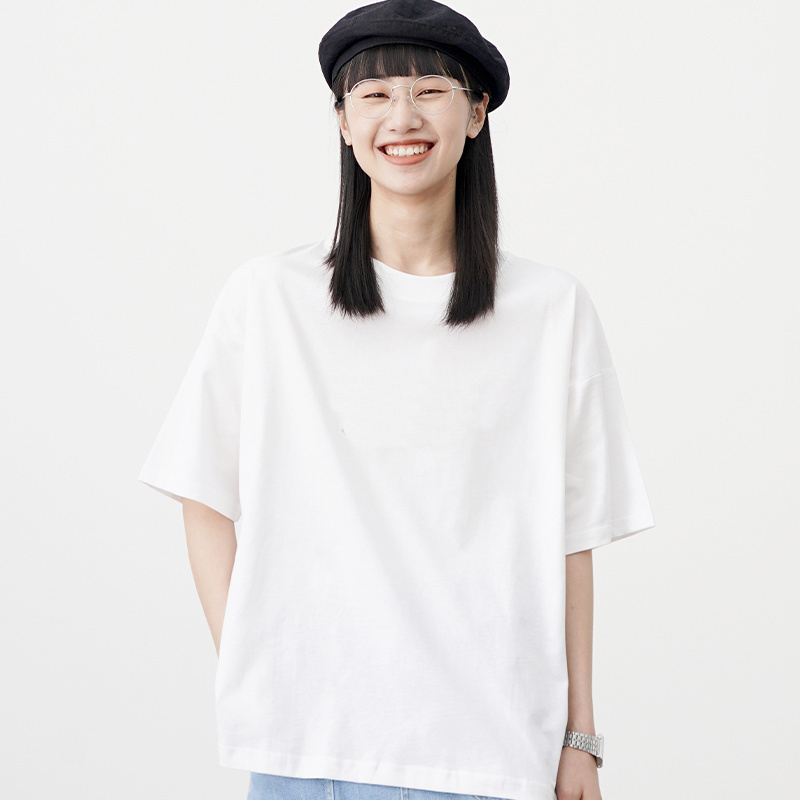oukabuyi重磅200克纯棉夏季新款白色t恤女短袖纯色上衣宽松百搭潮视频