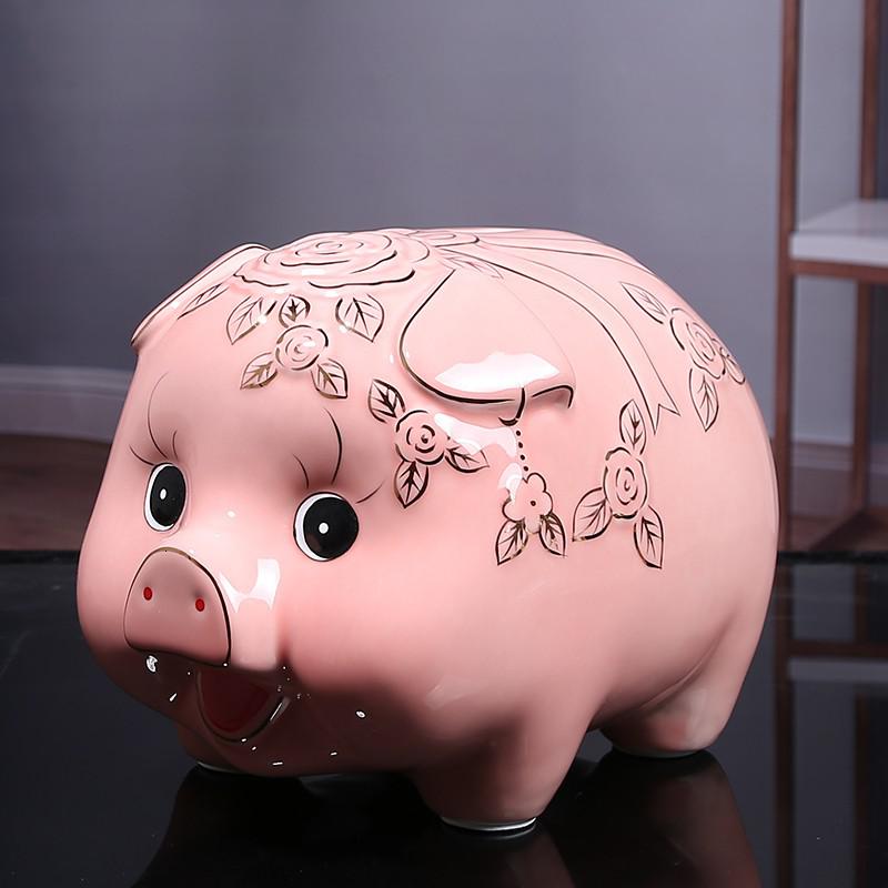 个性创意储钱罐陶瓷金猪抖音存钱储蓄罐大码超大摆件儿童生日 三维工匠 玫瑰猪蓝釉款配红布垫(不可取)高清大图