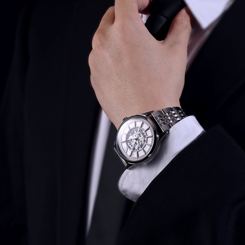 阿玛尼(EMPORIO ARMANI)手表 商务正装男士时尚腕表 钢带机械表镂空 防水皮带手表 机械表 男AR1945