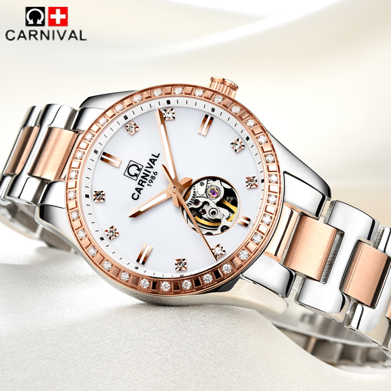 瑞士嘉年华Carnival手表新款全自动机械表 女表时尚钢带潮流夜光防水女士镂空水钻名表时装腕表魅力玫金8685高清大图
