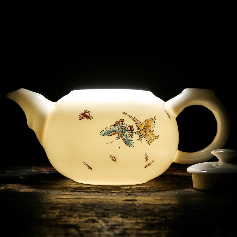 常生源 陶瓷功夫茶具套装 家用泡茶器 羊脂白玉瓷 茶壶盖碗公杯茶漏茶杯整套 蝶韵茶具套组高清大图