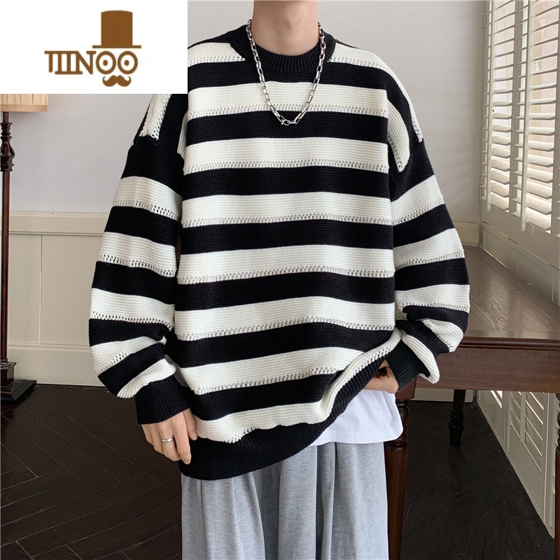 YANXU条纹毛衣男款慵懒风感潮牌宽松休闲圆领打底针织衫上衣高清大图