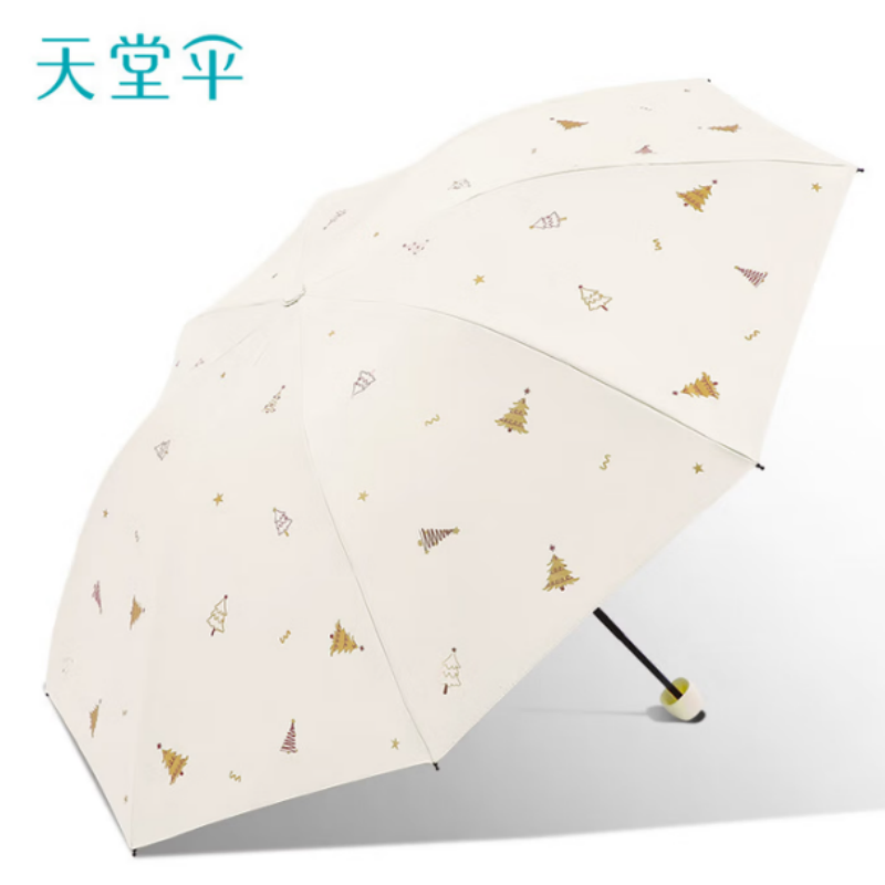 天堂防紫外线阳伞三折8k钢骨印花晴雨伞黑胶防晒太阳伞伞下100CM米色