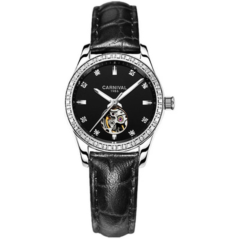 瑞士嘉年华Carnival手表新款全自动机械表 女表时尚钢带潮流夜光防水女士镂空水钻名表时装腕表魅力玫金8685 银白镂空黑面黑皮