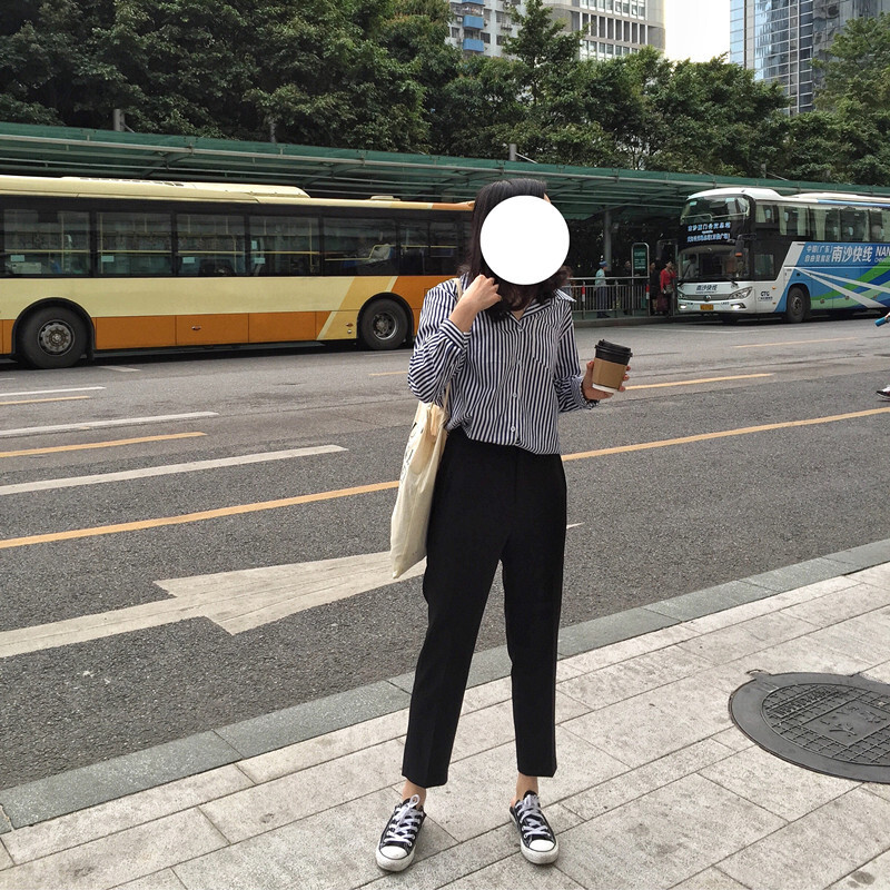 季韩版高腰休闲裤好穿的直筒好版型管裤九分裤黑