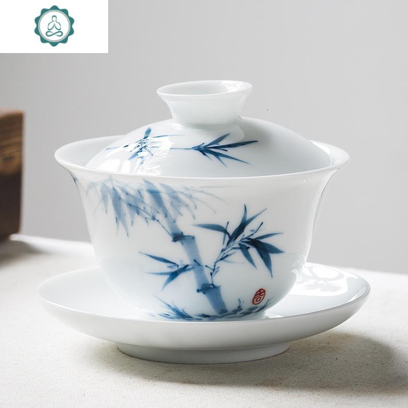 手绘三才盖碗茶杯景德镇白瓷单个青花瓷功夫泡喝敬沏陶瓷茶具中式 封后 兰花款(满杯160)