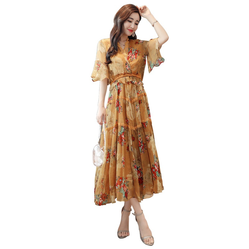 藕粉色碎花雪纺连衣裙女长裙女士夏款新品裙子收腰显瘦仙女温柔裙